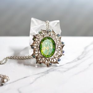 Turquoise Iridescent Green and silver Pendant Necklace